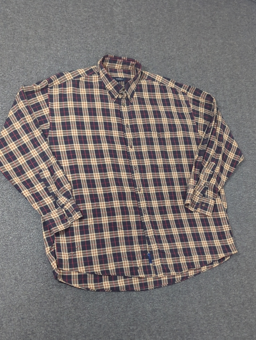 Burberry Men’s 2XL Black Tan Plaid Button-Down Cream with Red Accents Old Money